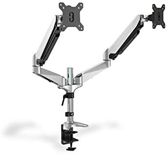 DIGITUS Monitorhalterung - Klemme & Gasdruckfeder - 2 Monitore - Bis 27 Zoll - Bis 2x 8 kg - VESA 75 & 100 - Silber
