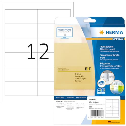 HERMA 4682 Wetterfeste Folienetiketten transparent, 25 Blatt, 97 x 42,3 mm, 12 pro A4 Bogen, 300 Stück, selbstklebend, bedruckbar, matt, blanko Klebeetiketten Aufkleber aus Folie, durchsichtig