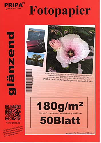 pripa 50 Blatt Fotopapier DIN A4 180g/qm glossy (glaenzend) hochauflösend fuer InkJet Drucker Tintenstrahldrucker