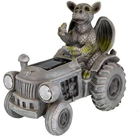 Kremers Schatzkiste Drachenkind auf Traktor mit Solar-Laterne Gartenfigur Drache wetterfest Gartendeko aus Polyresin Solarlicht Scheinwerfer beleuchtet Handbemalt witterungsfest