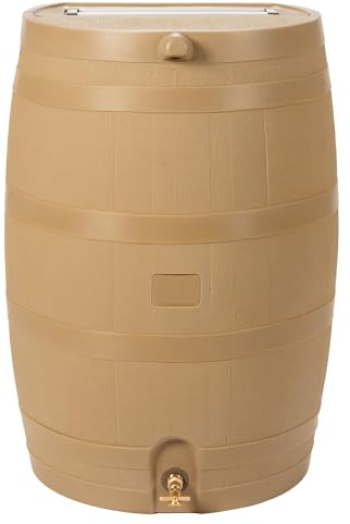 RTS Home Accents 50-Gallon Rain Water Collection Barrel with Brass Spigot, Tan
