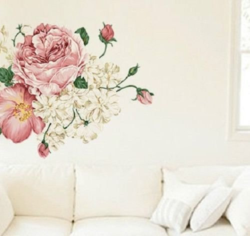 Sticker mural amovible pour chambre ou salon Motif floral vintage Rose