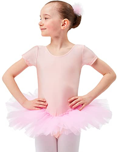 tanzmuster Kinder Ballett Trikot Ballettanzug Alina mit Tutu-Röckchen - Balletttutu aus 3-lagigem Tüll. Zauberhaftes Ballettkleid für Mädchen in Hellrosa, Größe:92/98