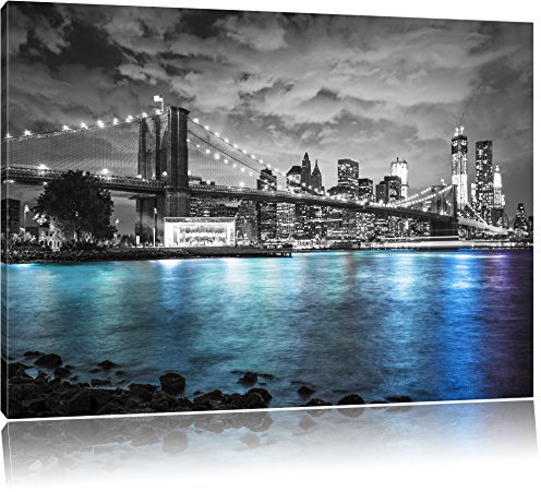 Pixxprint New York Skyline am Abend B&W, Größe: 60x40cm, Leinwandbild, fertig gespannt, Wandbild, Dekoration, Kunstdruck, kein Poster