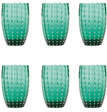 Zafferano Perle Bicchiere Tumbler Lavorato a Mano in Vetro Colorato Trasparente cl 32 h 109mm d 71mm, Set 6 Pezzi, Verde