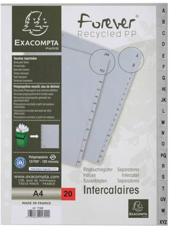 Exacompta 1720E Kunststoff-Register A-Z für DIN A4 aus recyceltem Kunststoff 20-teilig volle Höhe 21 x 29,7 cm grau mit bedruckten Taben Universallochung Blauer Engel Trennblätter Trennstreifen