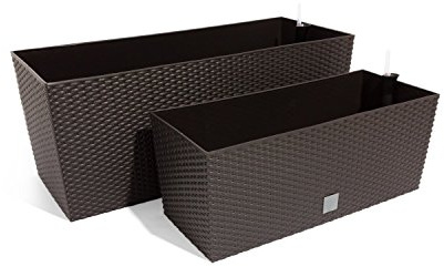 Prosperplast 2er Set Blumentopf 30L 72L Balkonkasten mit Bewässerunssystem Rattan Optik braun