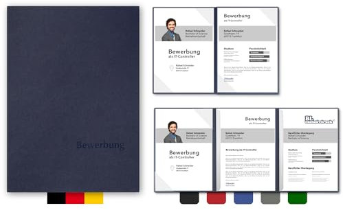 5 Stück 4-teilige Bewerbungsmappen BL-exclusivdruck® MEGA-plus in Marineblau - Premium-Qualität mit edler Relief-Prägung 'Bewerbung' - Produkt-Design von 'Mario Lemani'