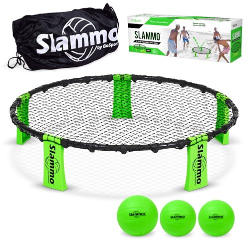 GoSports Slammo Game Set (Incluye 3 Pelotas, Funda de Transporte y Reglas, Idioma español no garantizado) - Juego de Red Redonda para césped al Aire Libre, Playa y portón Trasero
