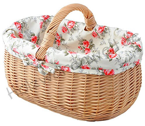 Kleiner Einkaufskorb Autokorb aus Weide mit Henkel und Stoffeinlege Rosen geflochten oval | BAG01ROS
