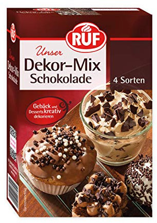 RUF Dekor-Mix Schokolade, 4 Sorten Schoko-Dekor in einer Packung, Schoko-Streusel, Schoko-Blättchen, Schokoperlen und Raspelschokolade, 8er Pack (8x160g)