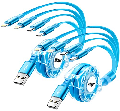 Multi USB Schnellladekabel,4A Universal 4 in 1 Einziehbares USB Ladekabel [1.2M,2Stück]Mehrfach USB Kabel mit Dual iP Lightning/Micro USB/Typ C,Miger Lightning Ladekabel Kompatibel mit iPhone/Auto USB