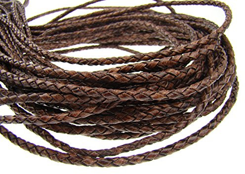 Cordon en cuir tressé rond 4 mm Marron foncé antique 3 m Longueur au choix