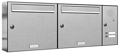 AL Briefkastensysteme 2er Briefkastenanlage mit Klingel, V2A Edelstahl, Premium Doppel-Briefkasten DIN A4, 2 Fach Postkasten modern Aufputz