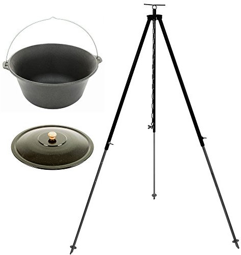 GRILLPLANET Set Feuertopf Gulaschkessel aus Gusseisen Guss 16 Liter mit Dreibein (Kettenhöhenverstellung) und Deckel emailliert