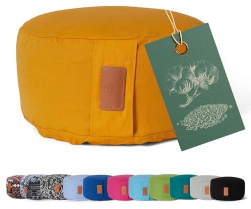#DoYourYoga Yogakissen »Vishnu« mit Kordelverschluss & Bio-Buchweizen Füllung - Höhe 15cm / Durchmesser 30cm - Meditationskissen Maschinenwaschbar Sitzkissen für Meditationen currygelb