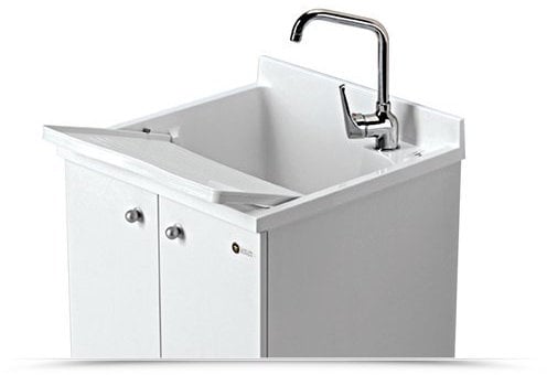 Mobile Lavatoio Interno Arredamenti Montegrappa Look One 60X50 H85 cm Cerniere Economico Piedini Fondo Ripiano Alluminio Anta Legno Nobilitato Bianco Asse Vasca Lavabo Termoplastico Lavapanni Pomello