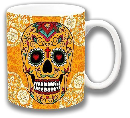 Cushions Corner Day of the Dead Orange Sugar Skull Ceramic Coffee Mug Stocking Filler