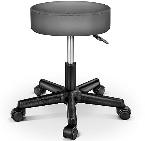 TRESKO® Sgabello da Lavoro Girevole per Salone Estetico e Ambulatorio Medico, con Rotelle, Rotazione Libera di 360°, 10 cm di Imbottitura (Grigio)