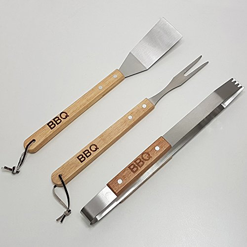 Land-Haus-Shop Grillgeräte Set 3 TLG Metall Holzgriff Grill Fleisch Zange Wender Gabel Besteck