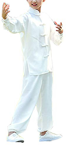 Jungen Und Mädchen Tai Chi Übung Kleidung Einfarbig Oberteile Hosen Zweiteiliges Set Weiß 110