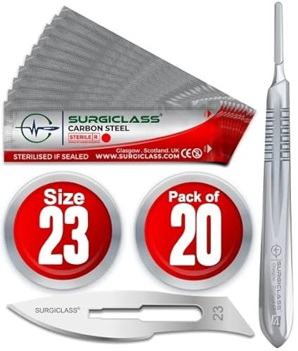 Surgical Scalpel Surgical Blades # 23 Carbon Steel Sterile Pack of 20 and Handle No 4 Perfect for Wood Art, Surgical, Sculpting, Repairs, Lab Anatomy, Sign, Card Making Lab Training SURGIRD23-20