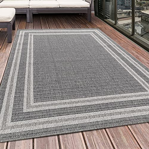 HomebyHome In- & Outdoor Teppich 120x170 cm, Wetterfest & Robust, Flachgewebe mit Modernem Bordüren-Design in Grau & Creme, Rechteckig für Terrasse, Balkon, Küche, Bad & Wohnzimmer