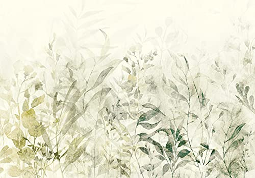 decomonkey Fototapete Pflanzen 400x280 cm Tapete Fototapeten Vlies Tapeten Vliestapete Wandtapete moderne Wand Wandbild Schlafzimmer Wohnzimmer Laub Blatt Blätter Blumen Natur Grün Gelb Aquarelle