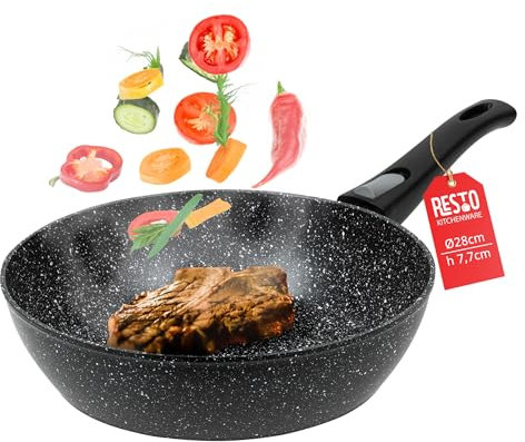 RESTO 93042 Bratpfanne 28 cm tiefe Pfanne - Wokpfanne mit vierschichtiger Marmor-Antihaftbeschichtung - abnehmbarer Griff - für alle Herdarten geeignet, auch Induktion (h=7,7 cm)