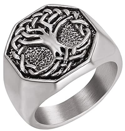 Herren Wikinger Baum Des Lebens Ehering Edelstahlring, Nordischer Pirat Celtics Knoten Yggdrasil Amulett Ring, Mittelalterlicher Vintage Klassischer Hip Hop Schmuck Größe 7-13, LYF, Silber