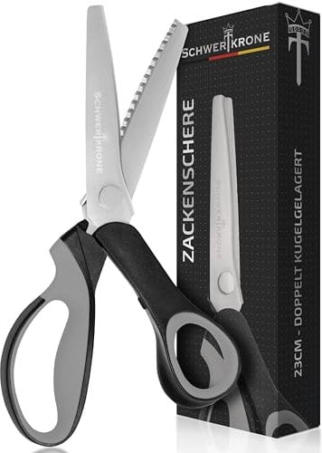 SCHWERTKRONE® Zickzackschere [PROFI ZACKENSCHERE] - Zickzackschere Stoff - Zackenschere Stoffschere - Zick Zack Schere - Wellenschere - Stoffschere Zickzack - Doppeltes Kugellager (Länge: 23cm)