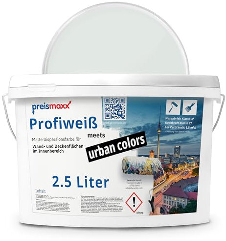 Preismaxx Profiweiß Wandfarbe grau 2,5L, hohe Deckkraft, dispersionsfarbe innen, Innenfarbe wandfarbe hellgrau deckend, Deckkraftklasse 2, matt innenfarbe Profi Qualität