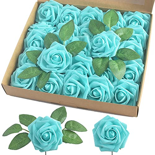 homEdge Künstliche Rose, 25 Stück Kunstschaumblumen mit Stiel für Heimdekoration, Hochzeitssträuße, Party, Certerpieces, Jubiläen-Hellblau