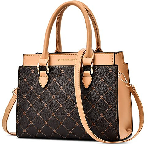 DORRISO Damen Handtasche Mode Gittermuster Design Schultertasche Umhängetasche Casual Reise Handtasche PU Leder Top Griff Tasche für Frauen Braun