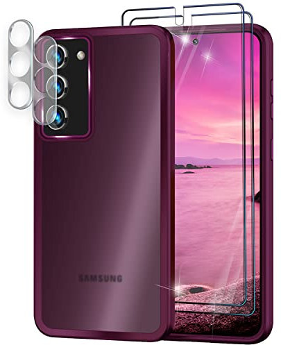 NALIA Set [5-in-1] kompatibel mit Samsung Galaxy S23 Hülle, [1x Matte Hybrid Schutzhülle & 2X Displayschutz & 2X Kameraschutz] Halb-Transparent Anti-Gelb Kratzfest, Handyhülle Case, Farbe:Rot