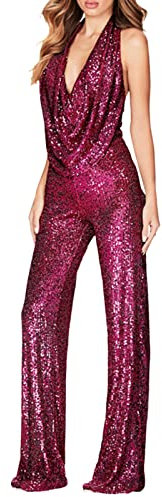Jumpsuit Damen Sommer V-Ausschnitt Pailletten Neckholder Overall Armellos Einteiler Elegant Lang Hosenanzug Playsuit Einfarbig Jogginganzug Romper