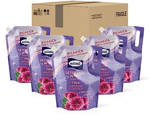 Milmil Detergente Intimo, Fragranza Estratto di Malva, Ricarica Universale Ecologica, Dermatologicamente Testato - 5 x 1000 ML