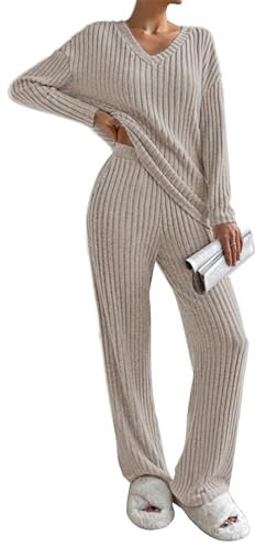 CheChury Zweiteiler Damen Lounge Set V-Ausschnitt Einfarbig Loungewear Gerippt Shirt Top Langärm mit Hose 2-Teiliges Hausanzug Jogginganzug Loungewear Nachtwäsche Hauskleidung Freizeit Outfit