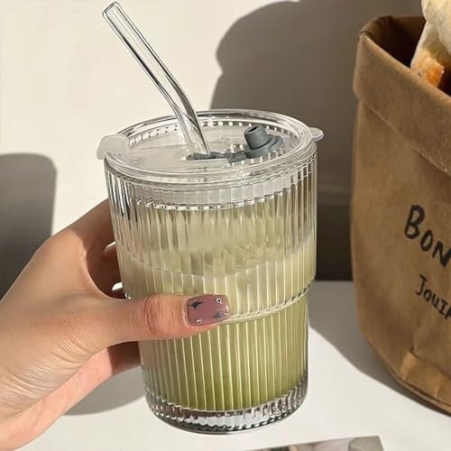 Wythex 2 Stück 400ml Trinkbecher mit Deckel und Strohhalm, Luftdicht Wasserdicht Design Glasbecher Set, Glas Smoothie Becher für Cappuccino, Latte, Tee, EIS, Eistee, Iced Americano, Milch, Saft