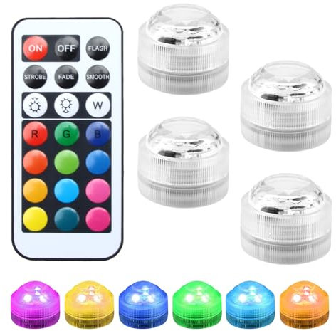 4 Pack Submersible LED Lights Waterproof Pool Lights with Remote Small Color Changing Underwater Tea Light Battery Operated for Aquarium Pond Fishtank Party Christmas Halloween Wedding Decoration