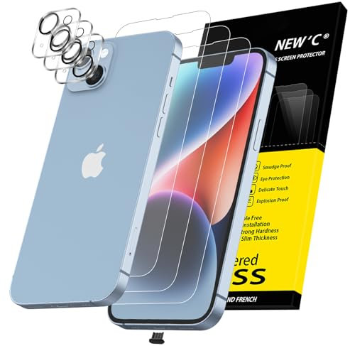 NEW'C 3x for iPhone 14 Plus Screen Protector (6.7 inches)+ 3x Camera Lens Protector, Sensor Protection + Dust Plug - Case Friendly Tempered Glass Film, Ultra Resistant