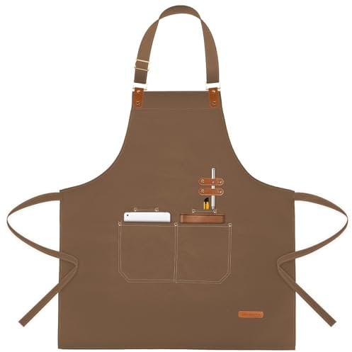 APRONPANDA Aprons for Men Women with Pockets, Waterproof Adjustable Chef Apron for Cooking, Baking, Gardening, BBQ, Craft Working, Painting (Brown)