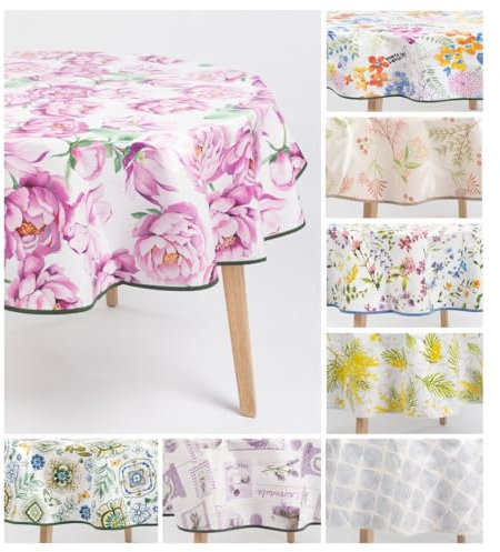 laro Ø 160 cm Premium Line Sommerblumen Bunt Hell Tischdecke rund - PVC Kunststoff - Wasserdicht & abwischbar, Muster:Pfingstrose Pink Weiß, Größe: Rund 160cm