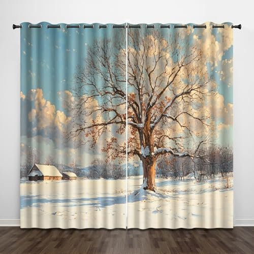 Generisch Schlafzimmer Gardinen Und Vorhänge Blickdicht 2Er Set Motiv Baum Winter,3D Verdunklungsgardine Mit Ösen Für Mädchen Kinderzimmer Junge,H 140Cm X B 60Cm,Chli1119