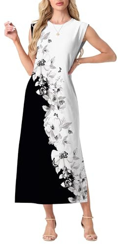 GRECERELLE Robe longue d'été décontractée pour femme, style élégant, robe longue basique sans manches pour femme, avec fentes et poches, Azalée noire et blanche, M