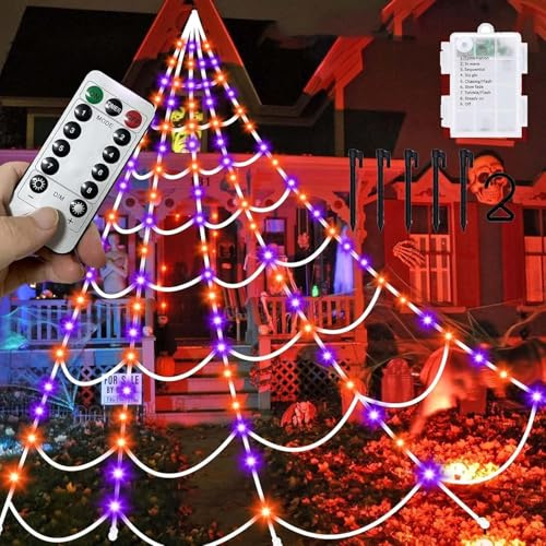 YeahBoom Halloween Spinnennetz Lichter Deko,5x5M 250 Led Lichterkette Halloween Spinnennetz,LED Spinnennetz Lichterketten Deko,spinnennetz Hallo-ween deko garten,mit Timer 8 Modi,für Terrasse,Garten