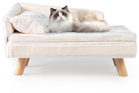 COSTWAY Canapé Lit pour Chien Chat Charge 30/50 kg, Oreiller et Coussin Amovibles, 4 Pieds en Bois, Panier pour Chien Chat Moyens & Petits, Dossier Haut (Beige,71 x 43 x 40 cm)