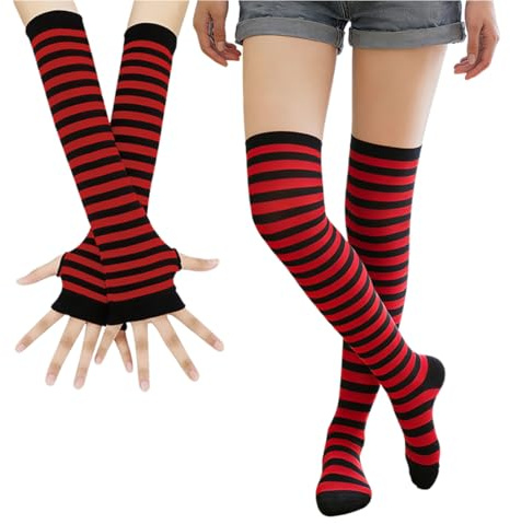 ZWWOGE Juego de Medias Largas a Rayas Blancas y Rojo-Negras para Mujer Incluye Calcetines Altos Elásticos hasta el Muslo y Medias hasta la Rodilla Medias de Franjas Cálidas para Damas pegatinas