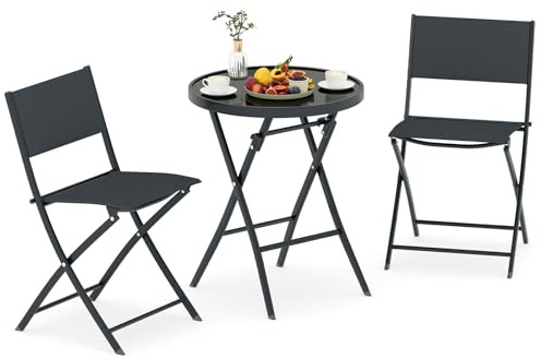 COSTWAY Ensemble Bistro Pliant 3 Pièces, Salon de Jardin avec Siège en Tissu Respirant et Plateau en Verre Trempé, Mobilier de Salle à Manger de Patio pour Jardin Terrasse Balcon