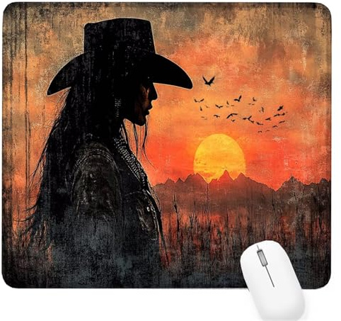 Tapis Souris Gaming Cow-Boy, Femme Petit Tapis Souris 290x240x3mm, Petit Mouse Pad à Bords Cousus, avec sous Main Bureau Étanche Antidérapante, Accessoire Bureau, pour Maison/Travail/Gamer D-906